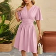 thumbnail image 5 of ZZwxWA Women's Summer Ruched Wrap Dress Empire Waist Short Flare Sleeve V Neck Dresses Casual Womens Midi Sundresses, 5 of 6