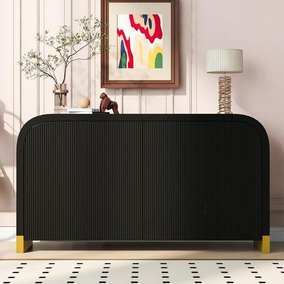 Lunale Modern Storage Sideboard, Curved Corner Design Wavy Door Panel Cabinet with Adjustable Shelves, Black