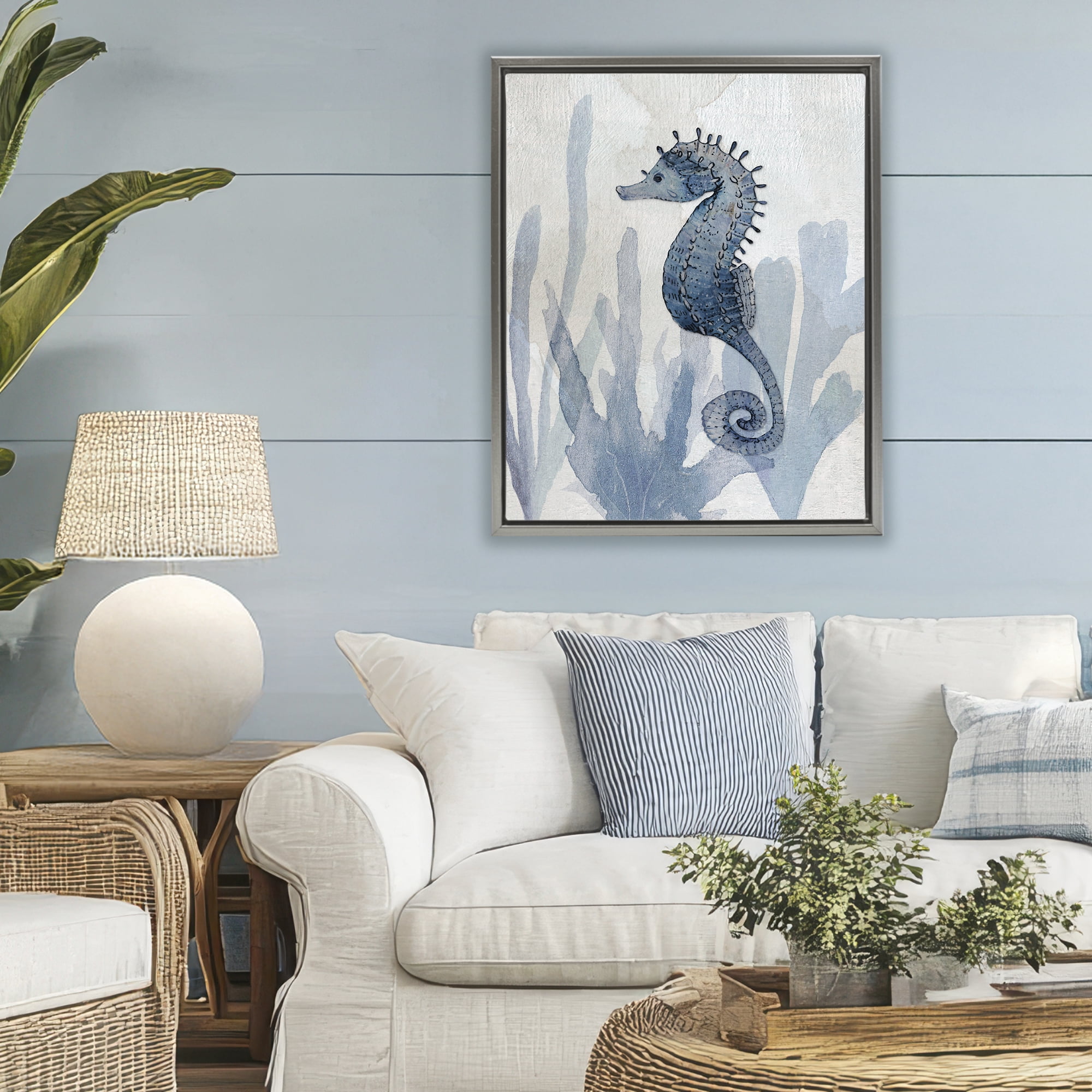 Stupell Industries Organic Seaweed & Seahorse Gray Framed Floater Canvas Wall Art, design by Susan Jill