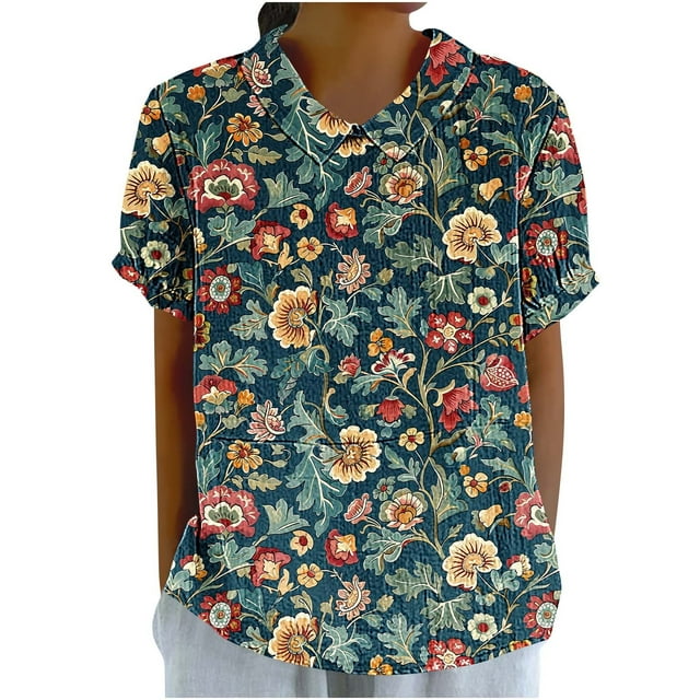 Pisexur Hauts Grande Taille pour Femmes, Hauts d'Été pour Femmes, Hauts pour Dames Mode Décontractée pour Femmes Court à Manches Courtes Imprimé Chemise Ample Blouse Haut Multicolore, 3TG
