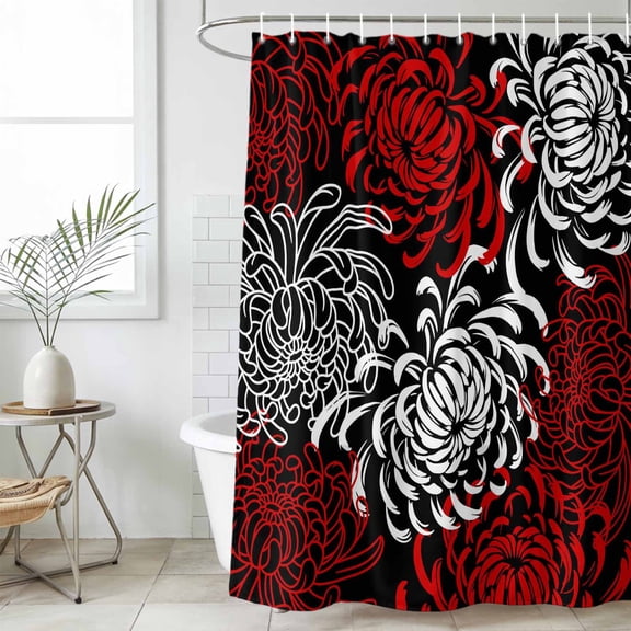 Red White Waterproof Fabric Shower Curtain,Abstract Black Chrysanthemum Flower Floral Waterproof Fabric Shower Curtain for Bathroom Curtains Bathtubs Shower Curtains with 12 Hooks Extra Long 72x96