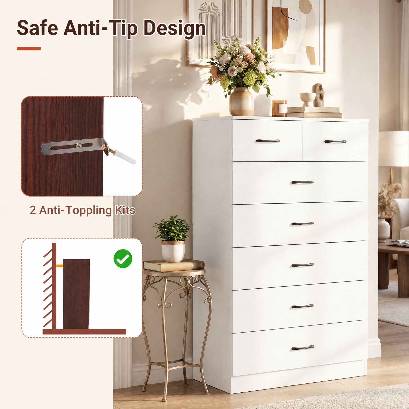 Furnibear 7-Drawer Tall Dresser with Metal Handles and Anti-Tipping Kits for Bedroom Closet Living Room Nursery Clothes Storage, White