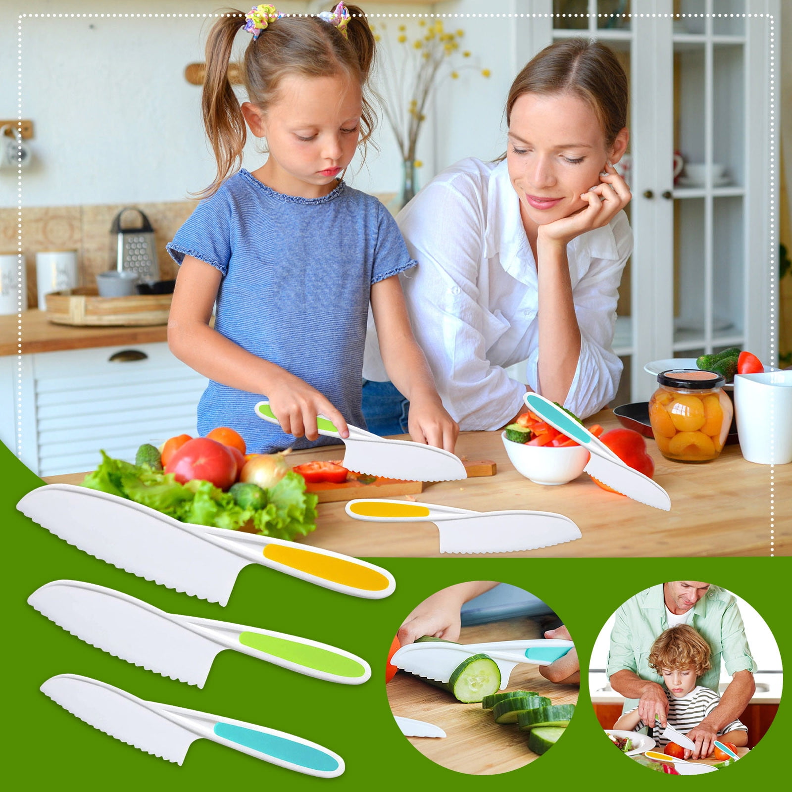 Zulay Kitchen Kids Knife Set for Cooking and Cutting - Green & White