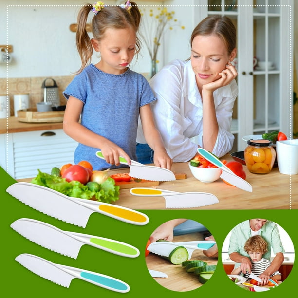 zanvin Ensemble de 3 couteaux de cuisine pour enfants, sûr à utiliser,  prise ferme, bords dentelés, couteau pour enfants, protège les petits  chefs, parfait pour couper les aliments et les légumes 