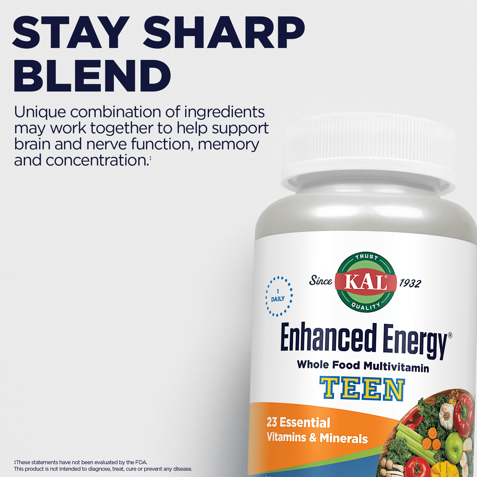 KAL Enhanced Energy Multivitamin for Teens | Memory & Concentration Blend | Equates to 3 Servings of Fruits & Veggies | 32 Ecoganic Foods | 60 Tablets