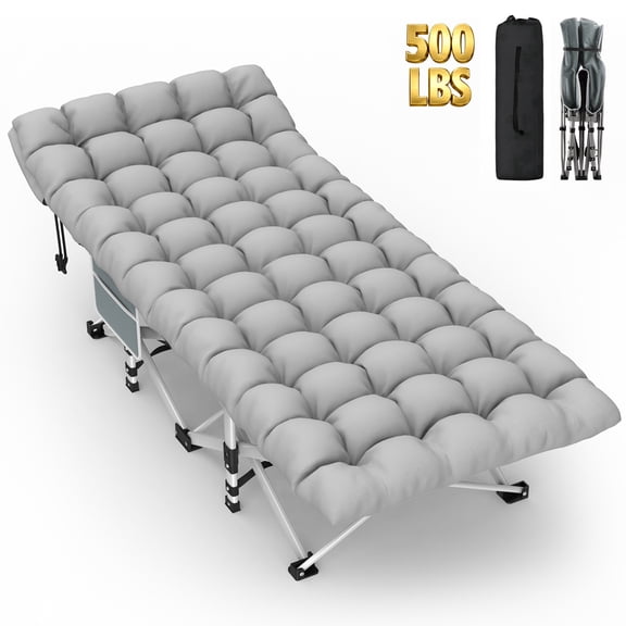 DKMOCO XL Folding Camping Cot with Mattress & Carry Bag, 28" x 75" 500lbs Heavy Duty Portable Sleeping Cot Bed for Adults, Home Office Guest Outdoor Camping Travel, Gray Cot Gray Pad