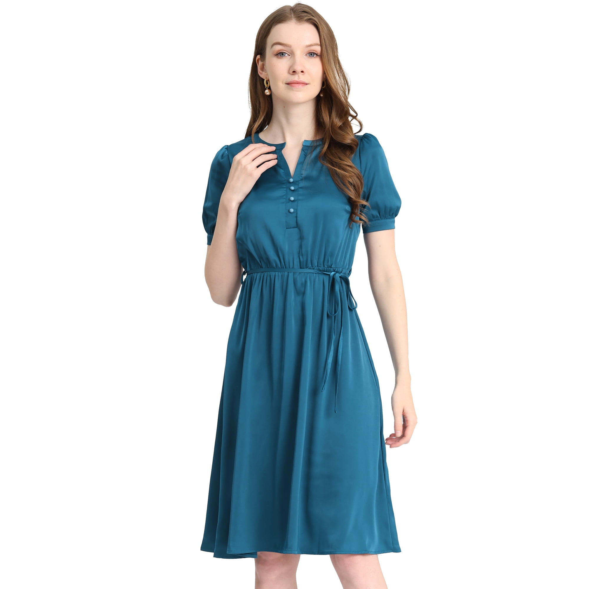 Robe en satin pour femme col V manches courtes robe ceinturÃ©e A-ligne Vert  paon L | Walmart Canada