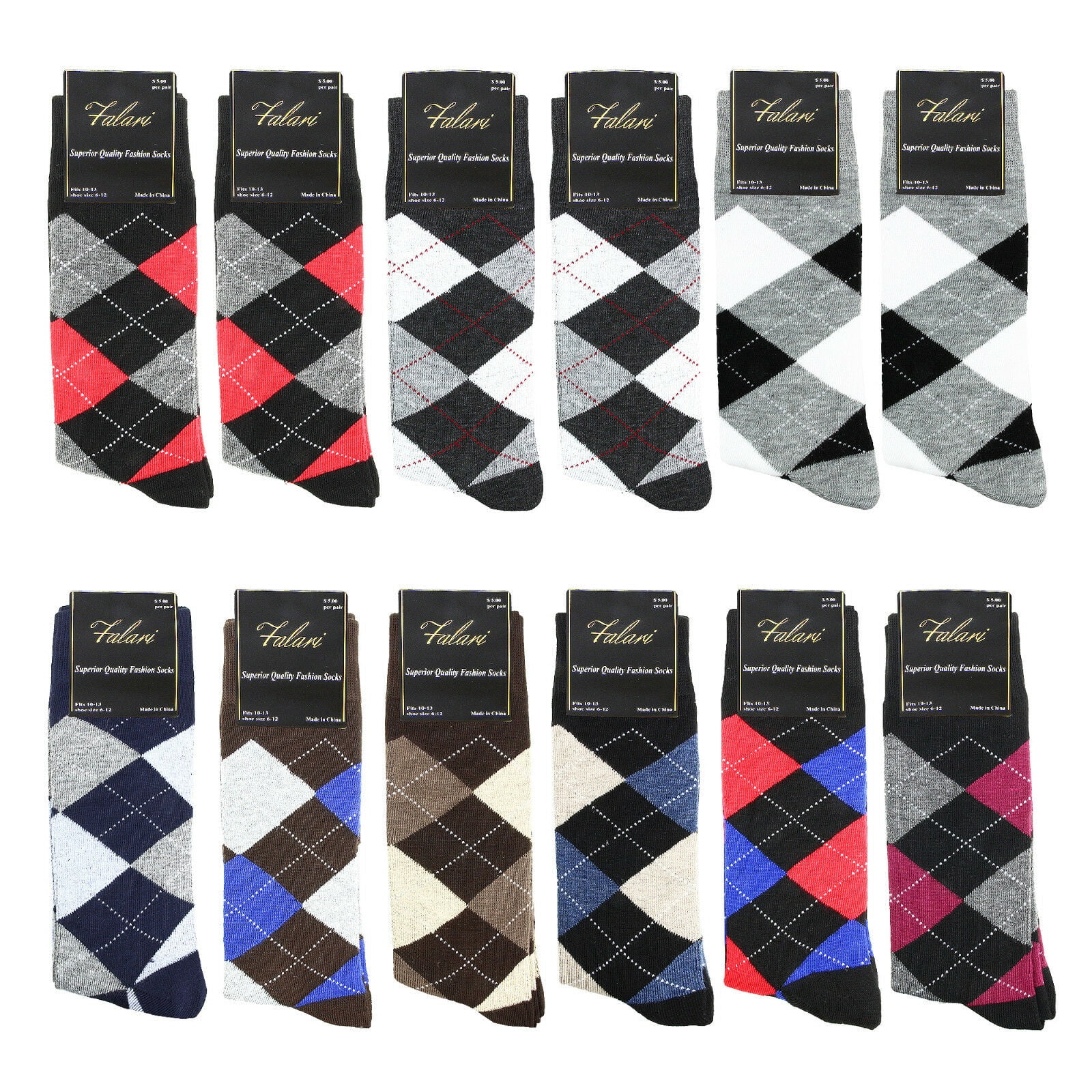 Falari 12 Pairs Assorted Men Dress Argyle Socks Diamond Shape Size 10 13 