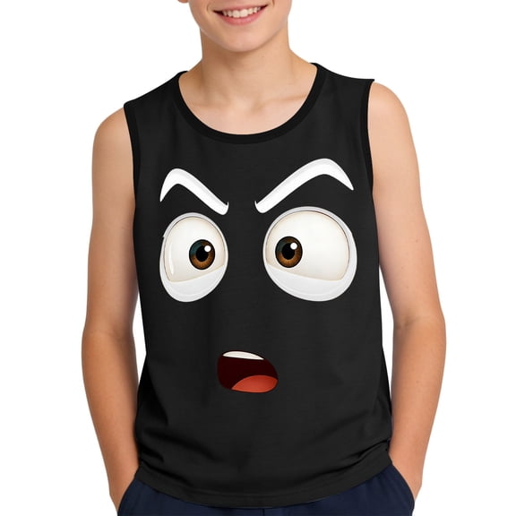 Boys Cartoon Face Graphic Tank Top Sleeveless Crewneck Black Soft 95 Polyester 5 Spandex Summer Clothes Sizes 110-170,Size 4 T