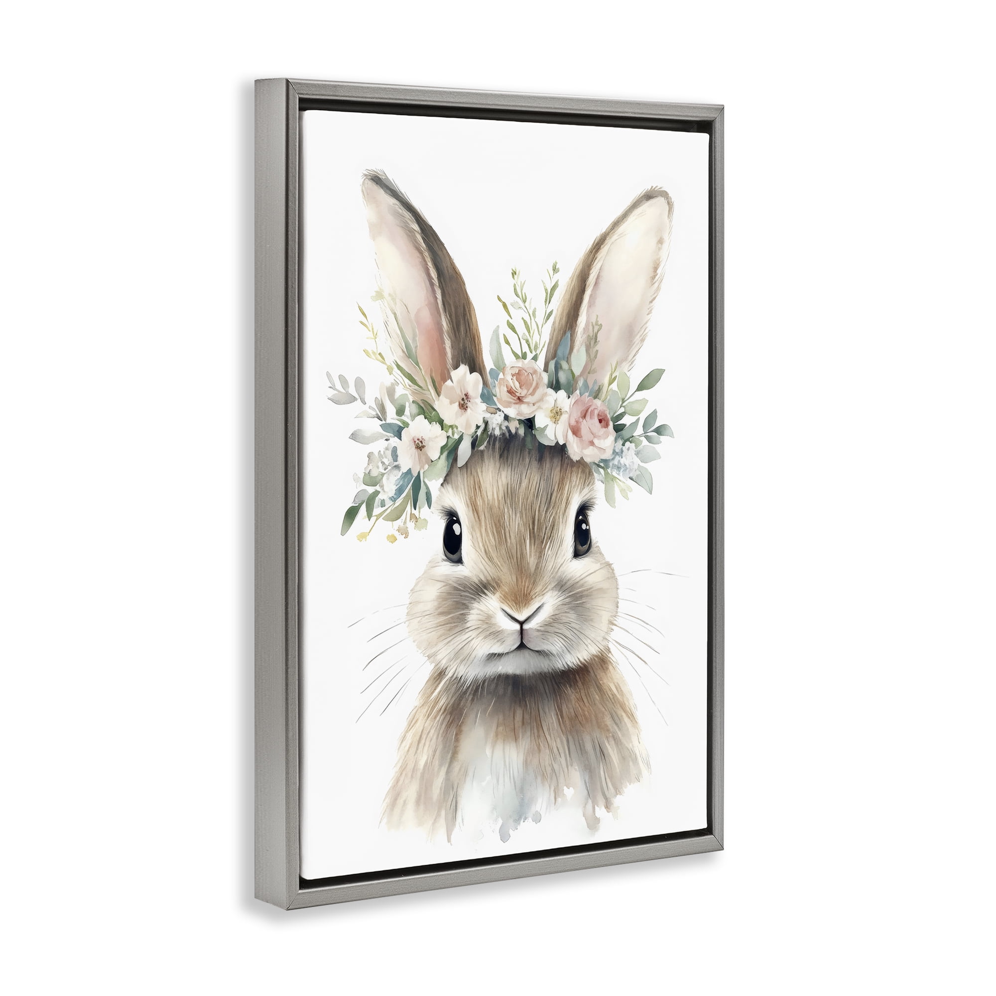 Stupell Industries Flower Adorned Baby Rabbit Gray Framed Floater Canvas Wall Art, design by Creative Studio