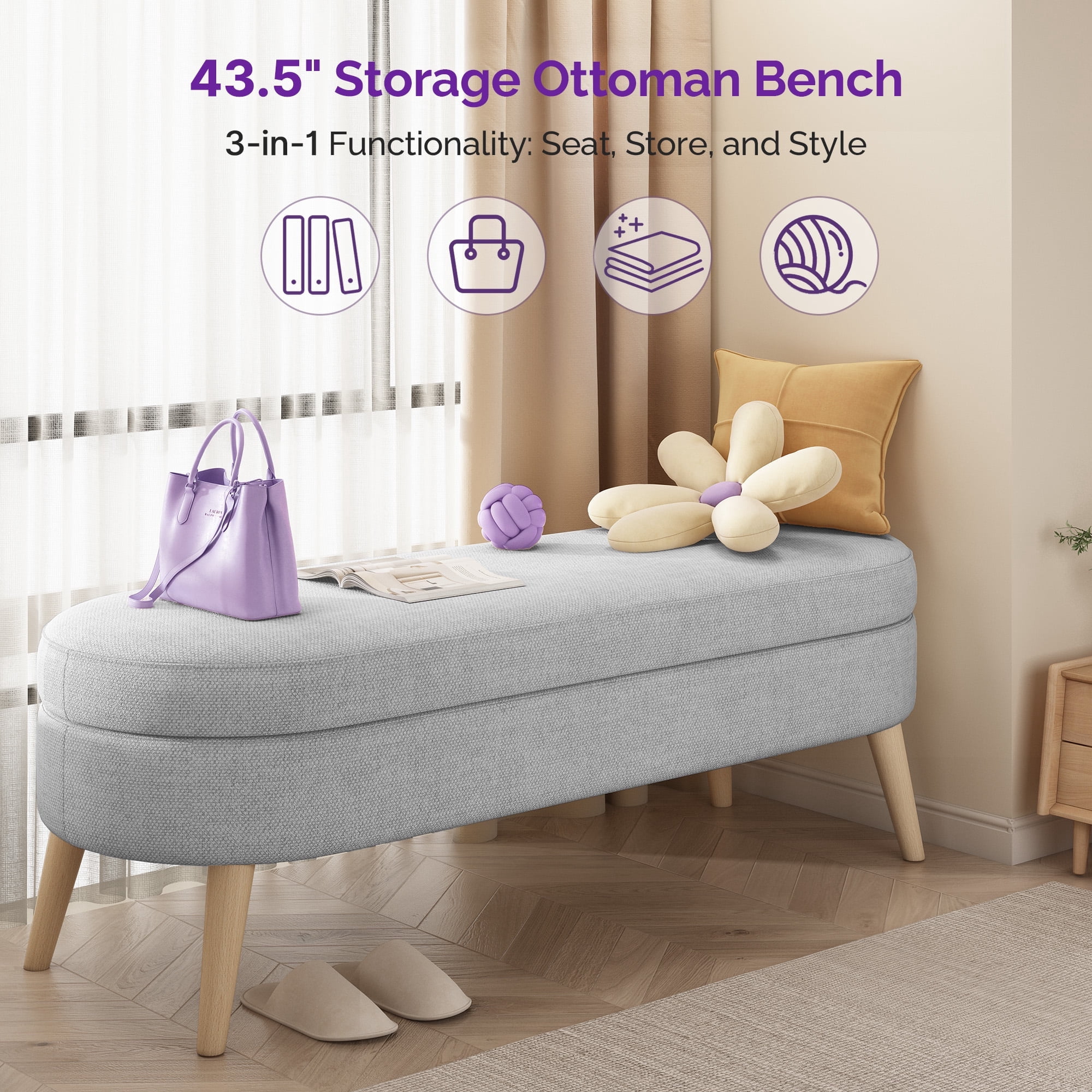 Sersper Modern 43 Inches Storage Ottoman Bench for Living Room, Bedroom, Entryway - Ottoman Foot Rest with Storage, Light Gray
