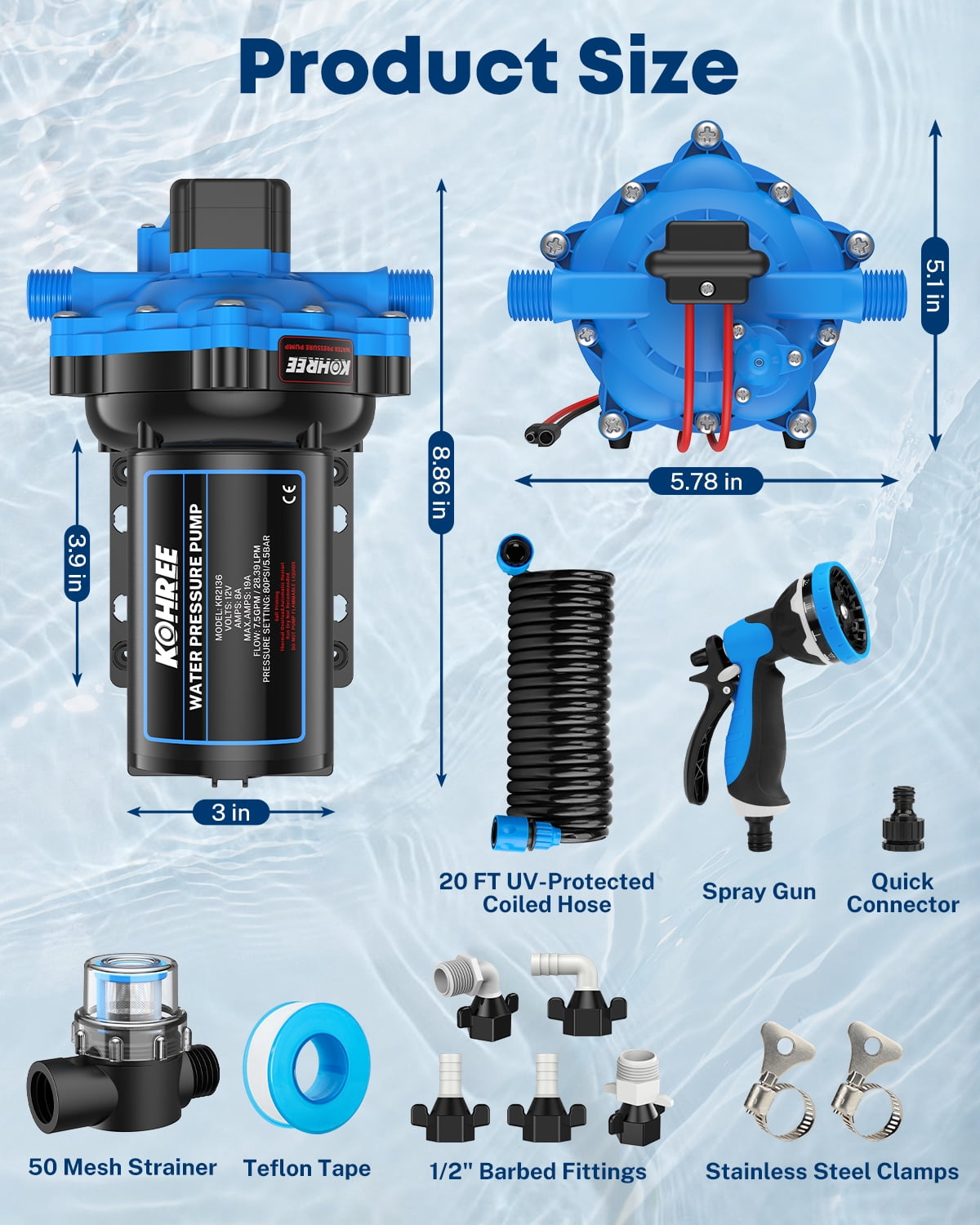 Kohree Upgraded 12V DC Washdown Pump Kit, 7.5GPM 80PSI, Five Chamber Self-Priming Diaphragm Water Pump with Pressure Switch & Spray Nozzle, High Flow for RV, Boat, Marine, Yacht