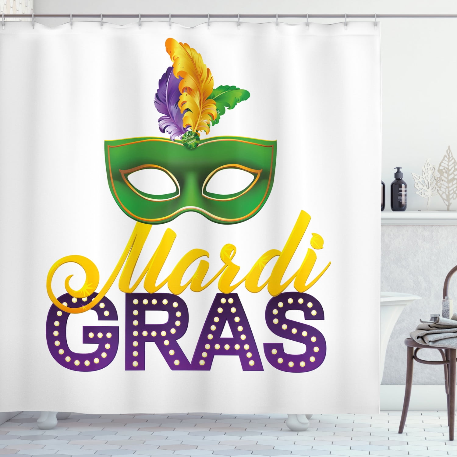 Mardi Gras Shower Curtain, Stylized Calligraphy and Typography Carnival Mask with Feathers Print