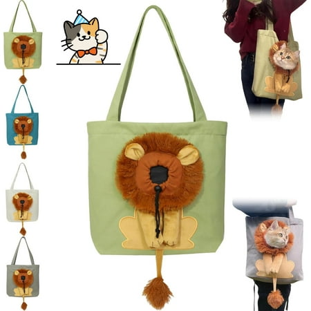 Lion Shaped Dog Bag  Cat Carrier Tote Bag with Lion Face Hole  Large Capacity Breathable Pet Canvas Shoulder Bag for Small Pets (Light Green  Small)