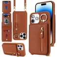 thumbnail image 2 of iPhone 14 pro Case with Card Holder for Women, iPhone 14 pro Phone Case Wallet with Strap Credit Card Slots Crossbody with Kickstand Zipper Case for iPhone14pro - Brown, 2 of 14