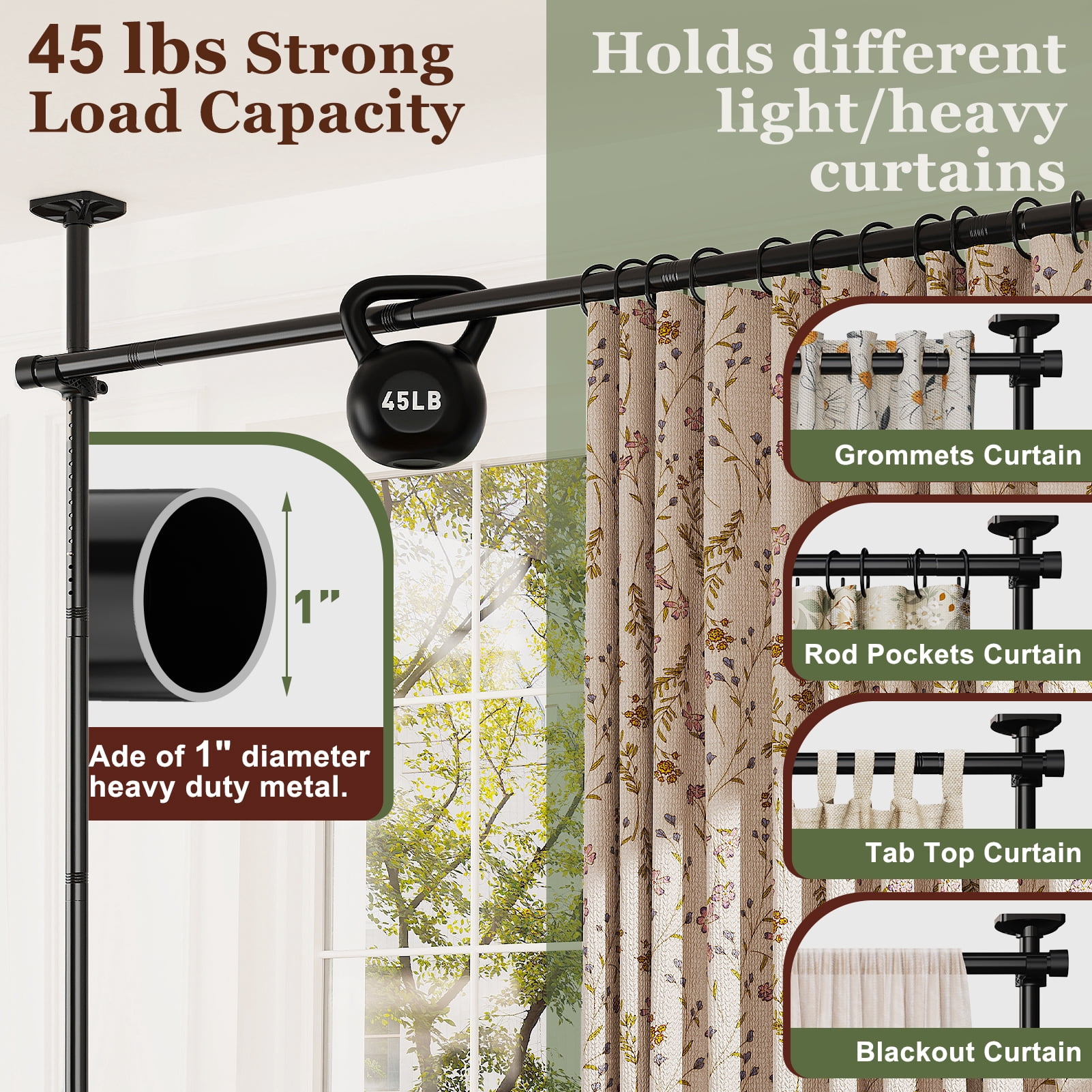 Yeabett Room Divider No Drilling Curtain Rods for Windows,4-10ft(H) 28-114inch(W) Adjustable Temporary Privacy Wall Divider,Tension Curtain Rods No Drilling,Black