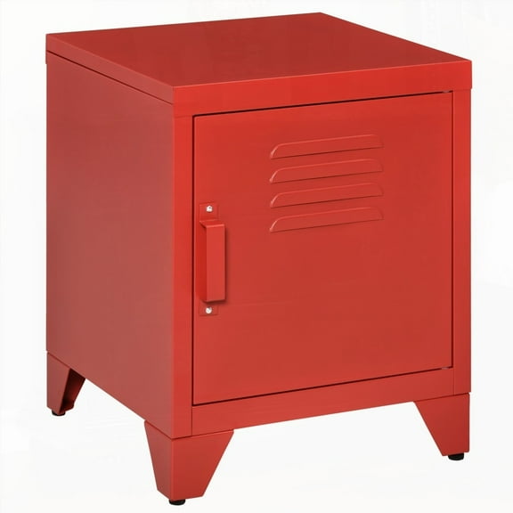 HOMCOM Industrial Steel Nightstand with Locker Door & Adjustable Shelf, Red