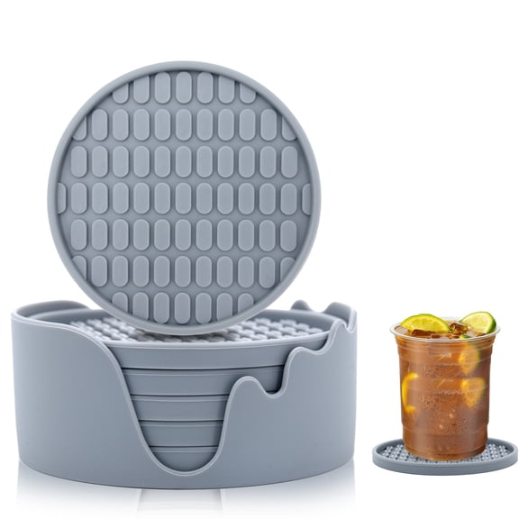 BTideas Silicone Coasters with Holder,Non-Slip Coasters Set of 6,Cup Mat for Hot or Cold Drink(Gray)
