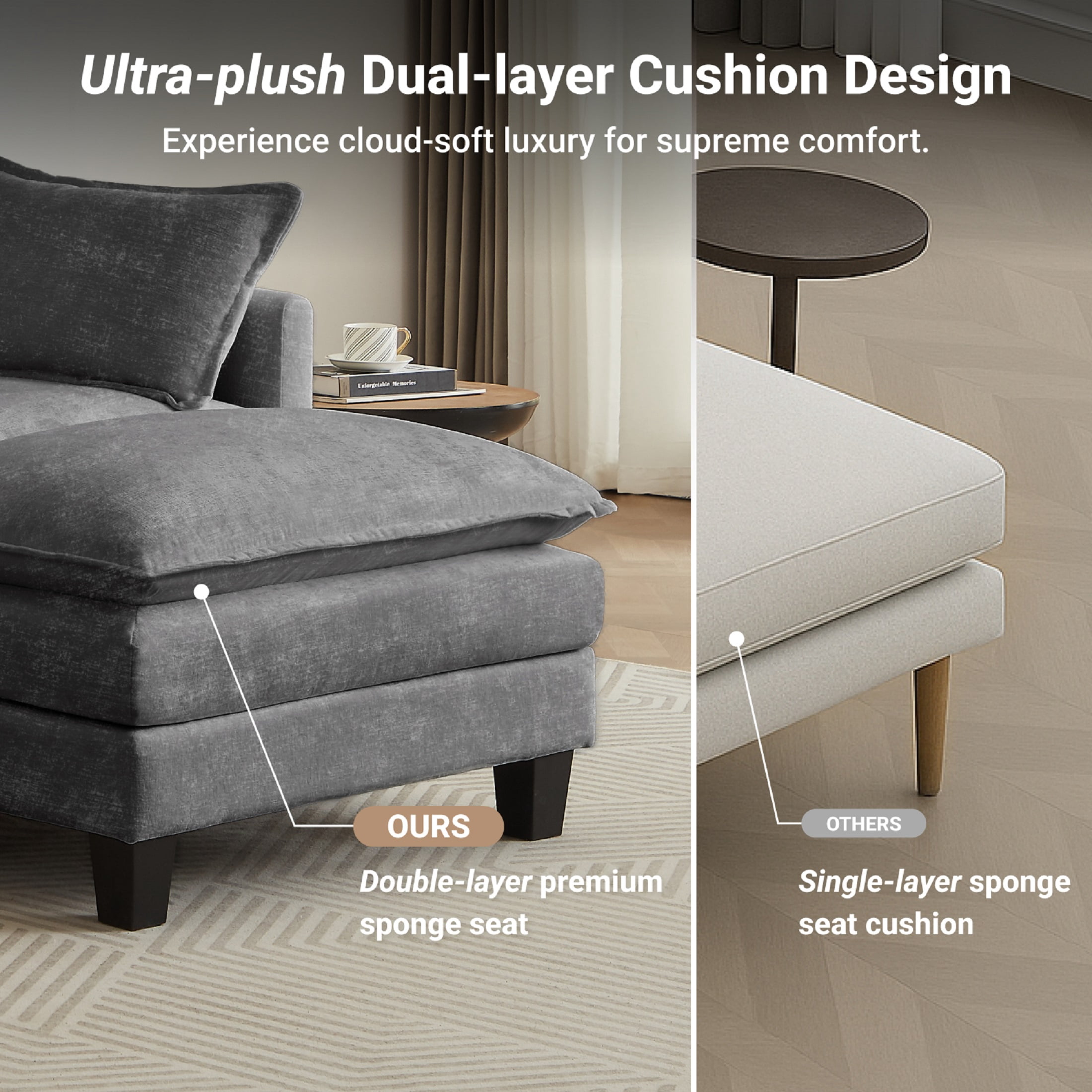 Amsleekey 111.5" Modular Sectional Sofa with 2 Movable Ottomans, U-Shaped Modern Chenille Cloud Couch for Living Room, Comfy Deep Seat Large Daybed, Grey