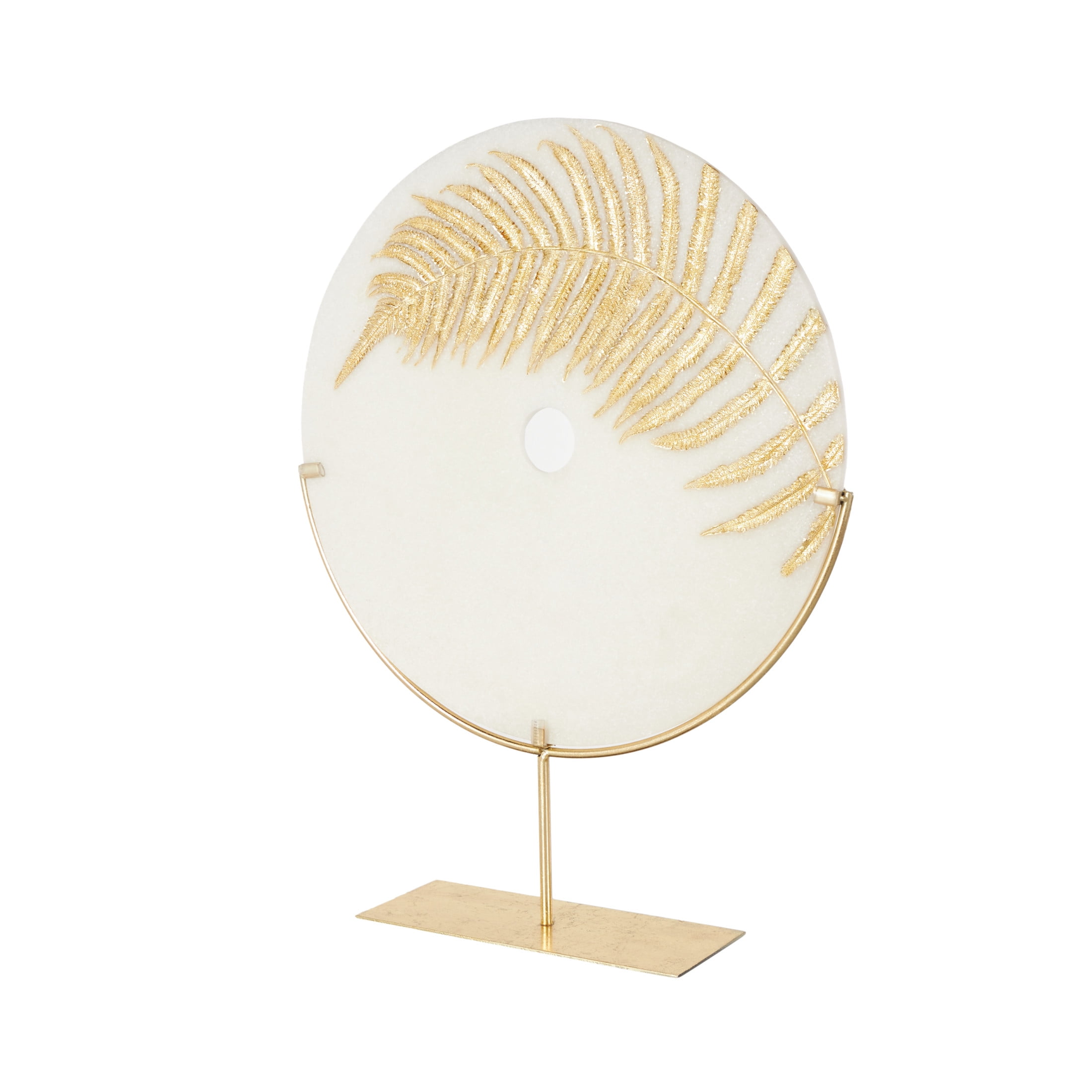 20" x 25" White Polystone Cutout Round Disk Leaf Sculpture with Gold Stand, by DecMode