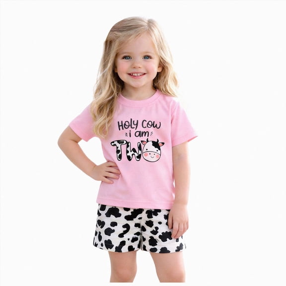 KPOPLK Kids Toddler Girls Clothes Infant Shorts Outfit Sets 2 Piece Casual Cow Print Short Sleeve Round Neck Top Shirt 2nd Birthday Outfit(7 Years,Red)