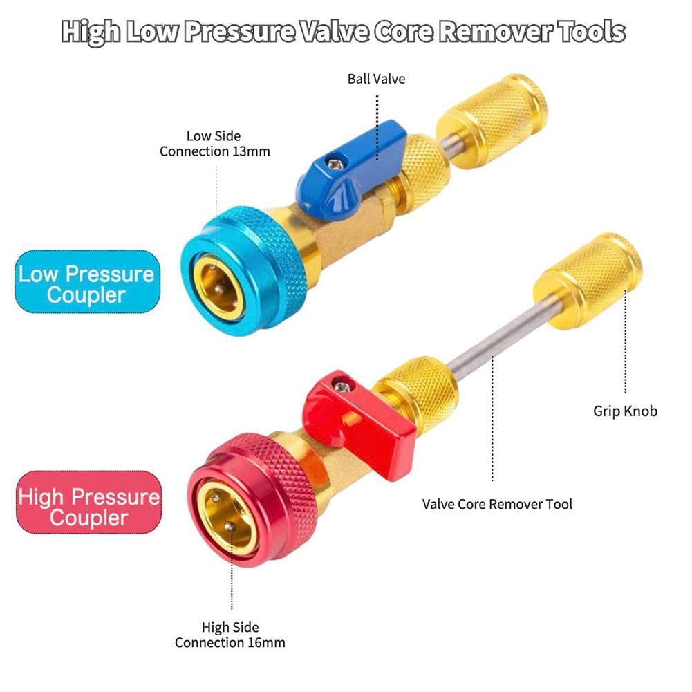 1 Set R134A Valve Core Quick Remover Installer Tool Set, AC High Low Pressure Valve Core Remover Tools Kit for R134A Refrigerant Air Conditioner System