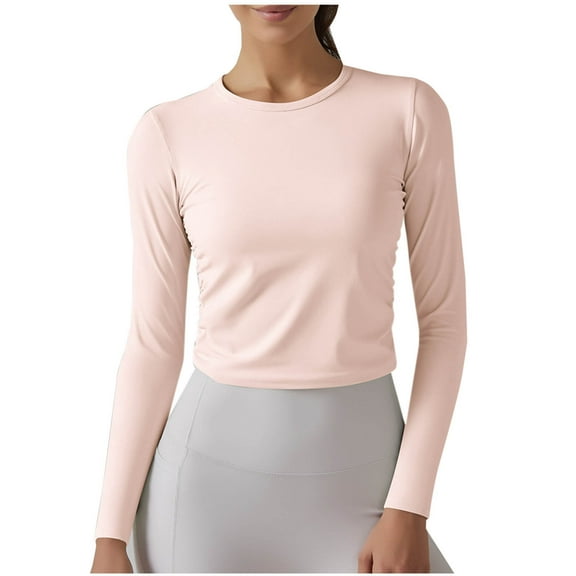 Diufon Womens Yoga Tops Fall Casual Solid Color Crop Tops Round Neck Long Sleeve Blouses
