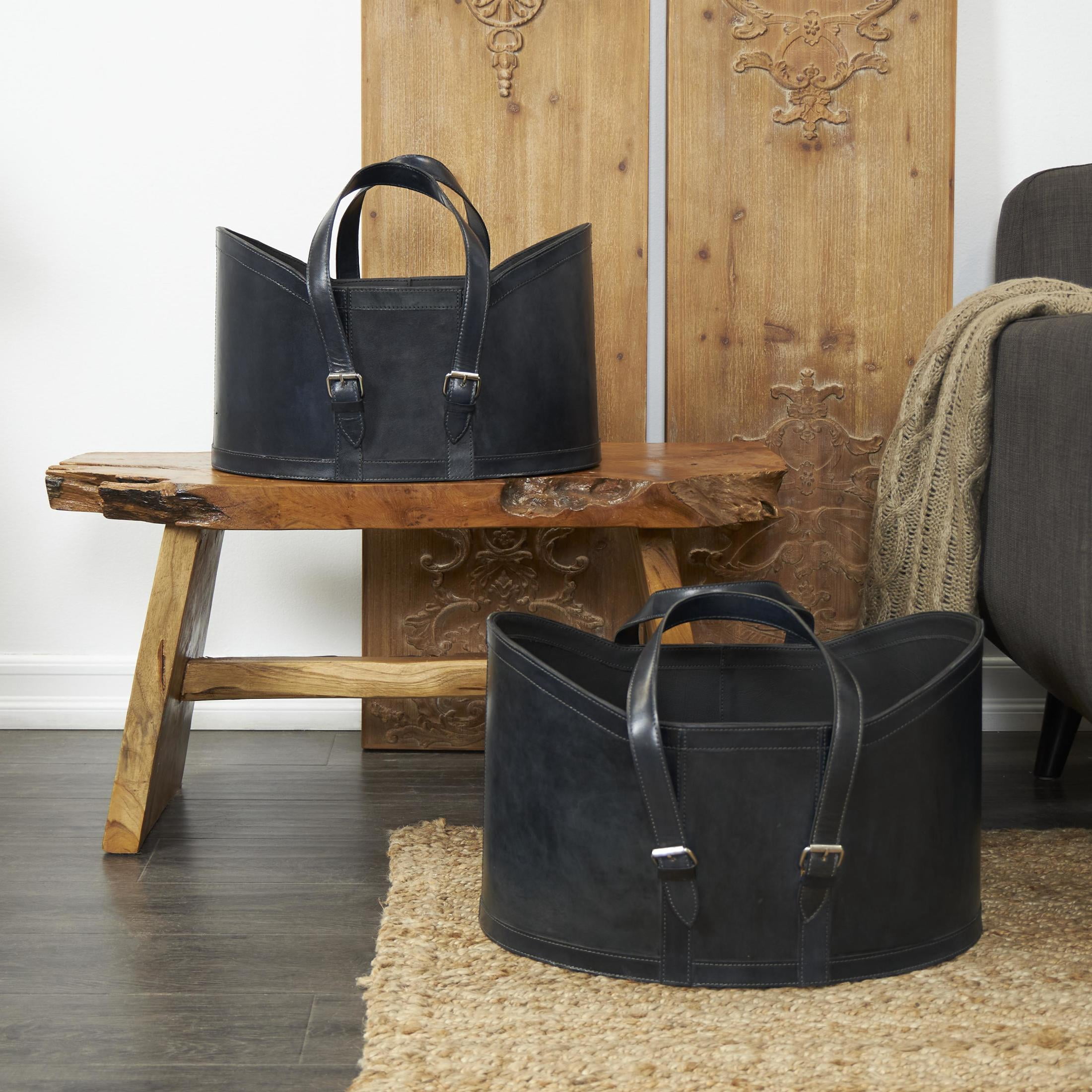 DecMode 21", 19"W Dark Blue Leather Handmade Magazine Holder with Handles (Set of 2)