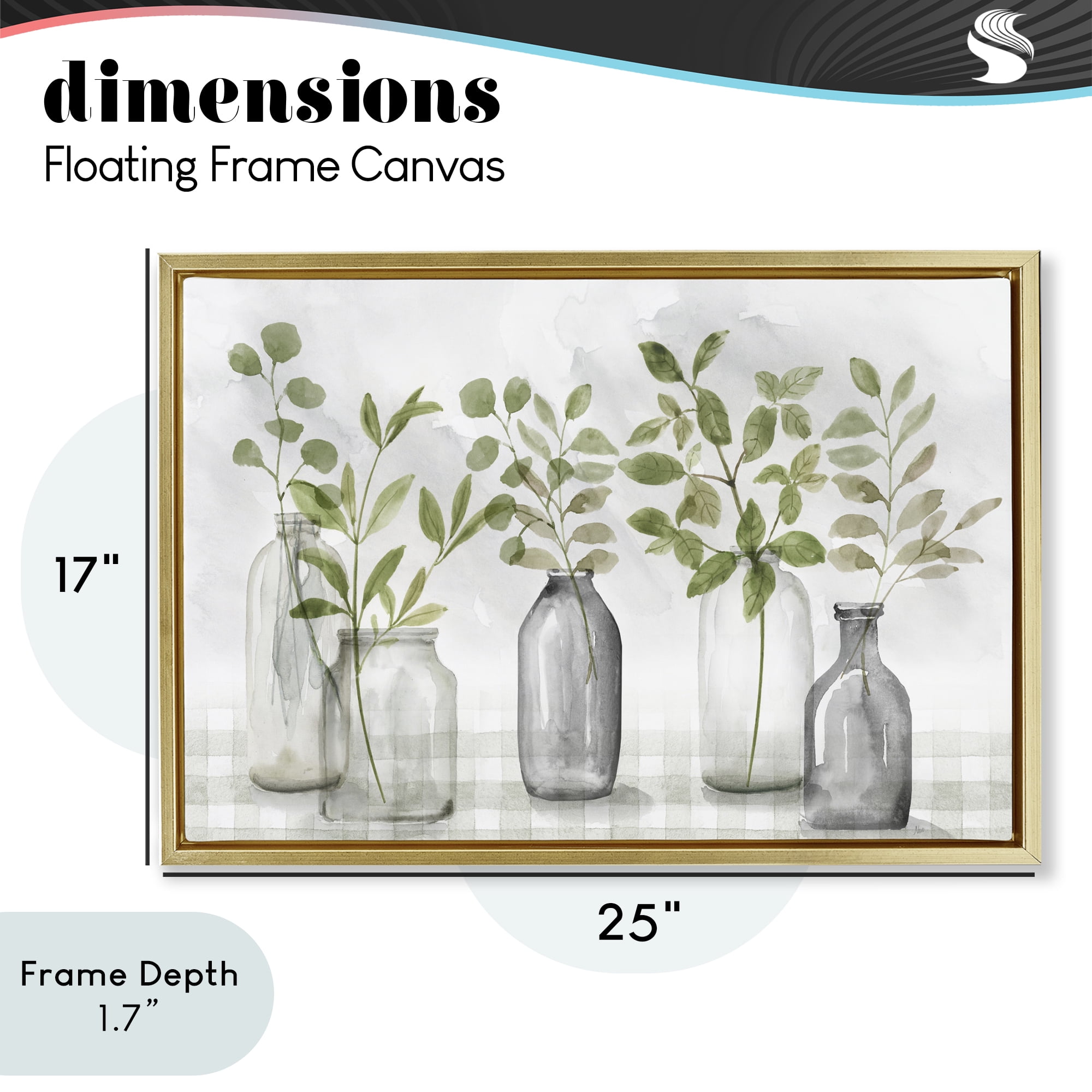 Stupell Industries Greenery Leaves in Vases Gold Framed Floater Canvas Wall Art, design by Nan