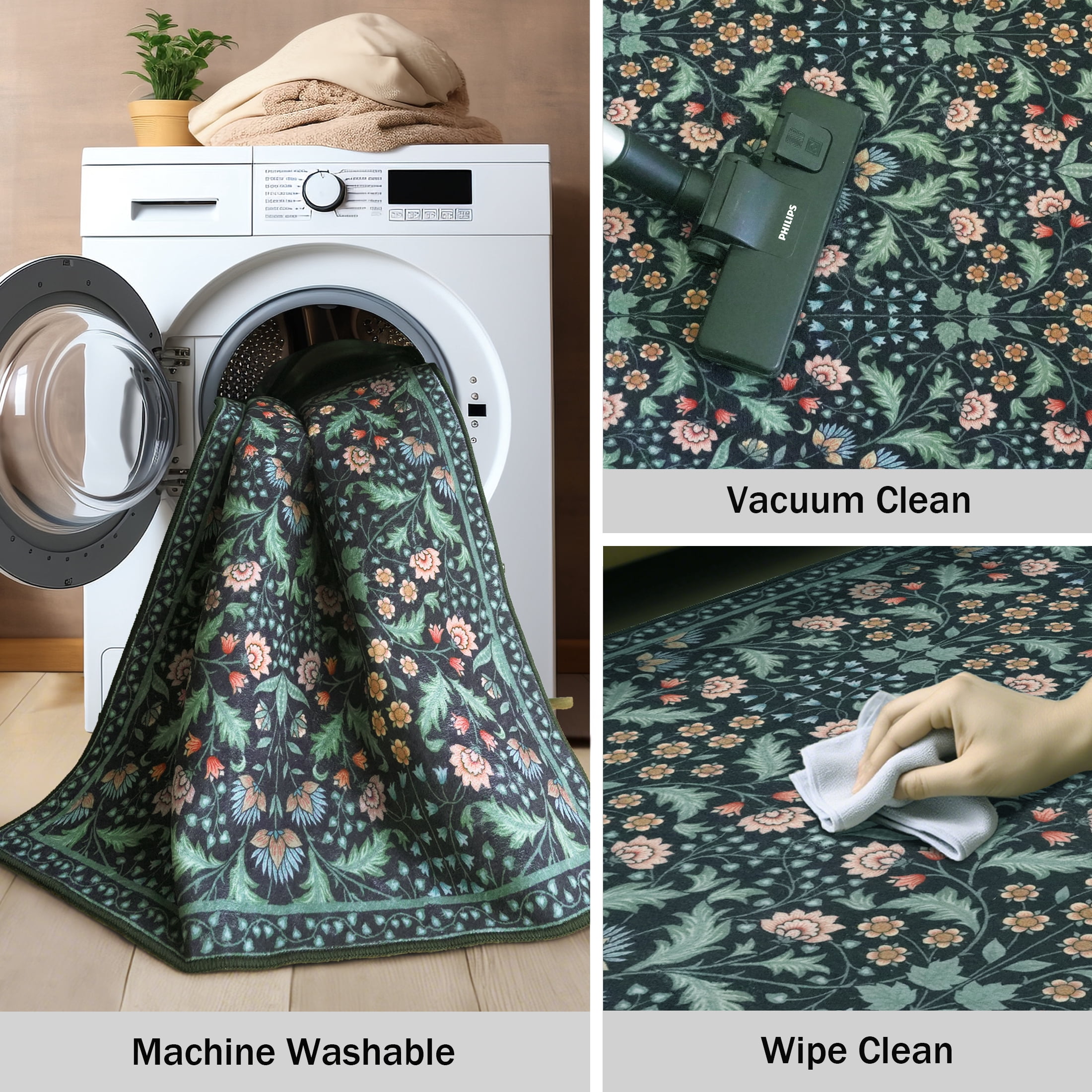 ARJINCUTE 9' x 12' Floral Area Rugs for Living Room, Washable Low Pile Non-Slip Vintage Large Floor Carpet for Bedroom Dinning Room, Black  Base