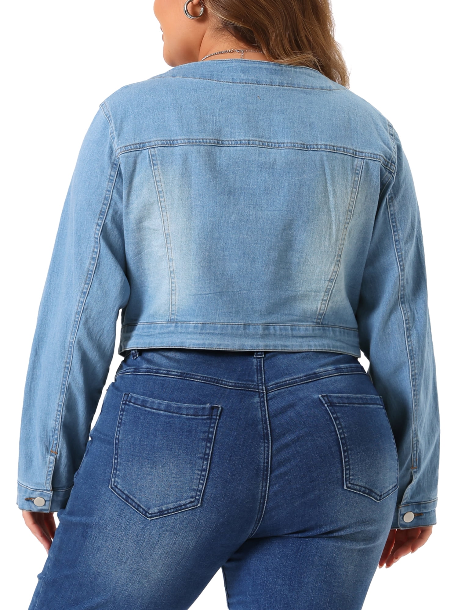 DARING DIVA Women's Plus Size Collarless Button Down Crop Denim Jackets 4X Light Blue