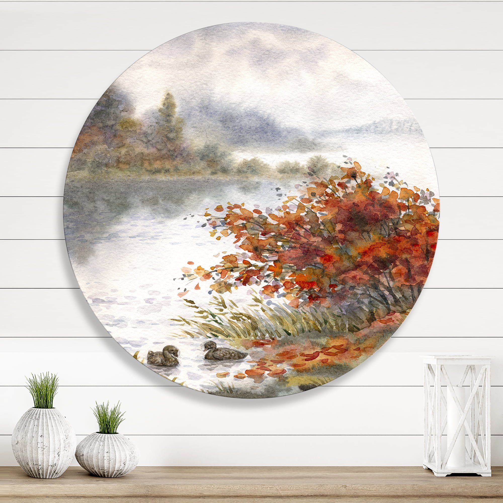 Designart 'View Of The Lake In Autumn Colored' Traditional Circle Metal Wall Art 23x23 - Disc of 23