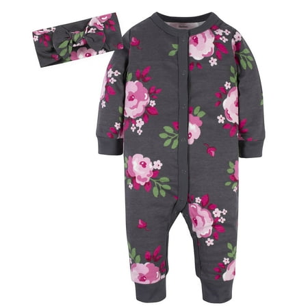 

Gerber Baby Girls Boutique 2-Piece Coverall & Headband Set Gray Rose 0-3 Months US