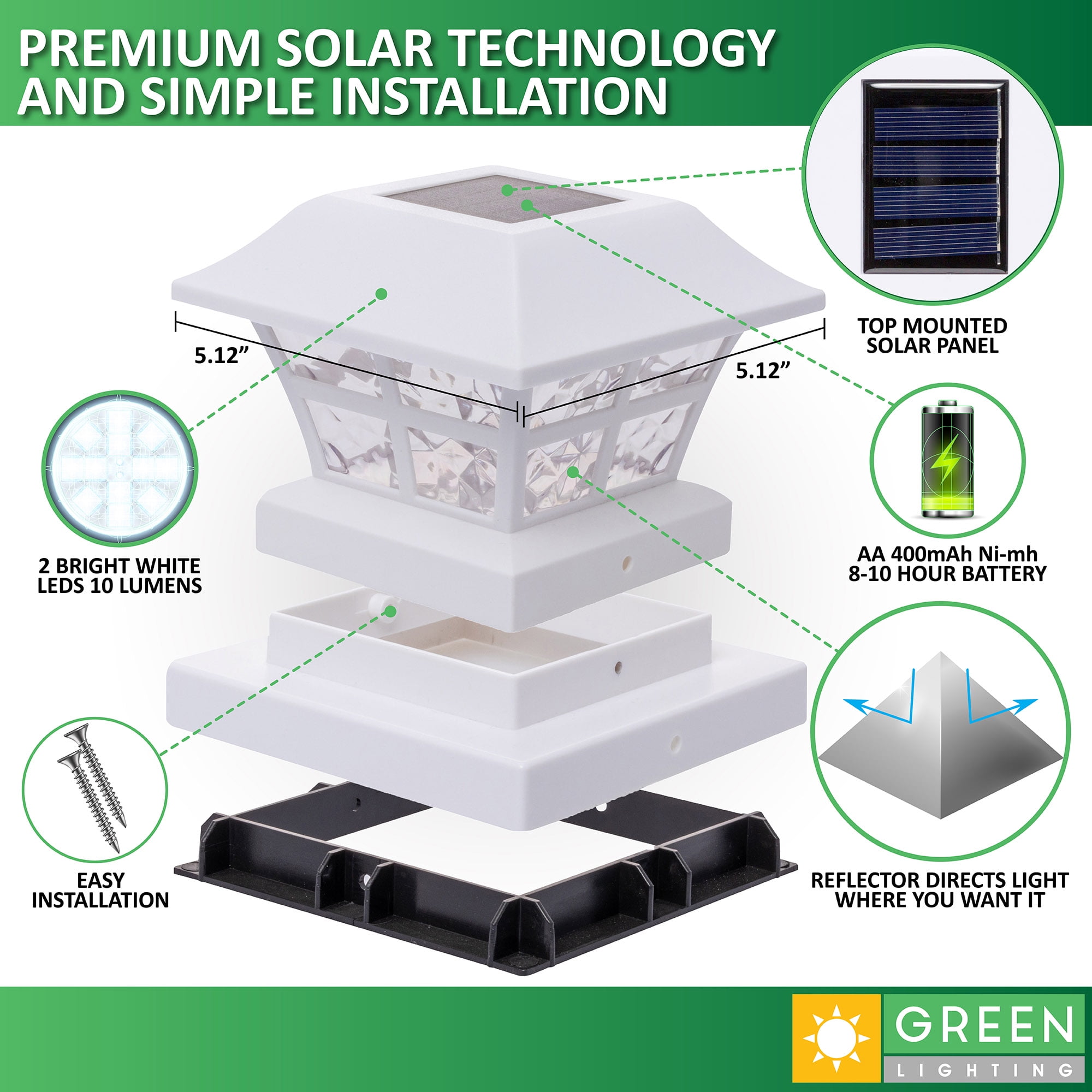 GreenLighting Evolve White Solar Post Cap Lights - 4x4 Post Caps and Outdoor Post Lights - Waterproof Solar Lights for Fence Posts - Solar Post Lights fit 4x4 5x5 Vinyl/PVC White, 12 Pack)