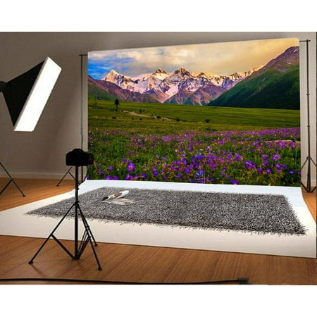 Image of MOHome Photography Mountains Backdrop 7x5ft Grass Land Wild Flowers Trees Nature Landscape Background Children Baby Kids Shooting Props Video Studio