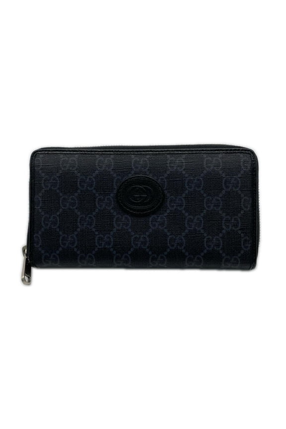 Pre-Owned GUCCI GG Supreme Interlocking G Zip-Around Wallet 673003 Long Black Gray Leather Men's