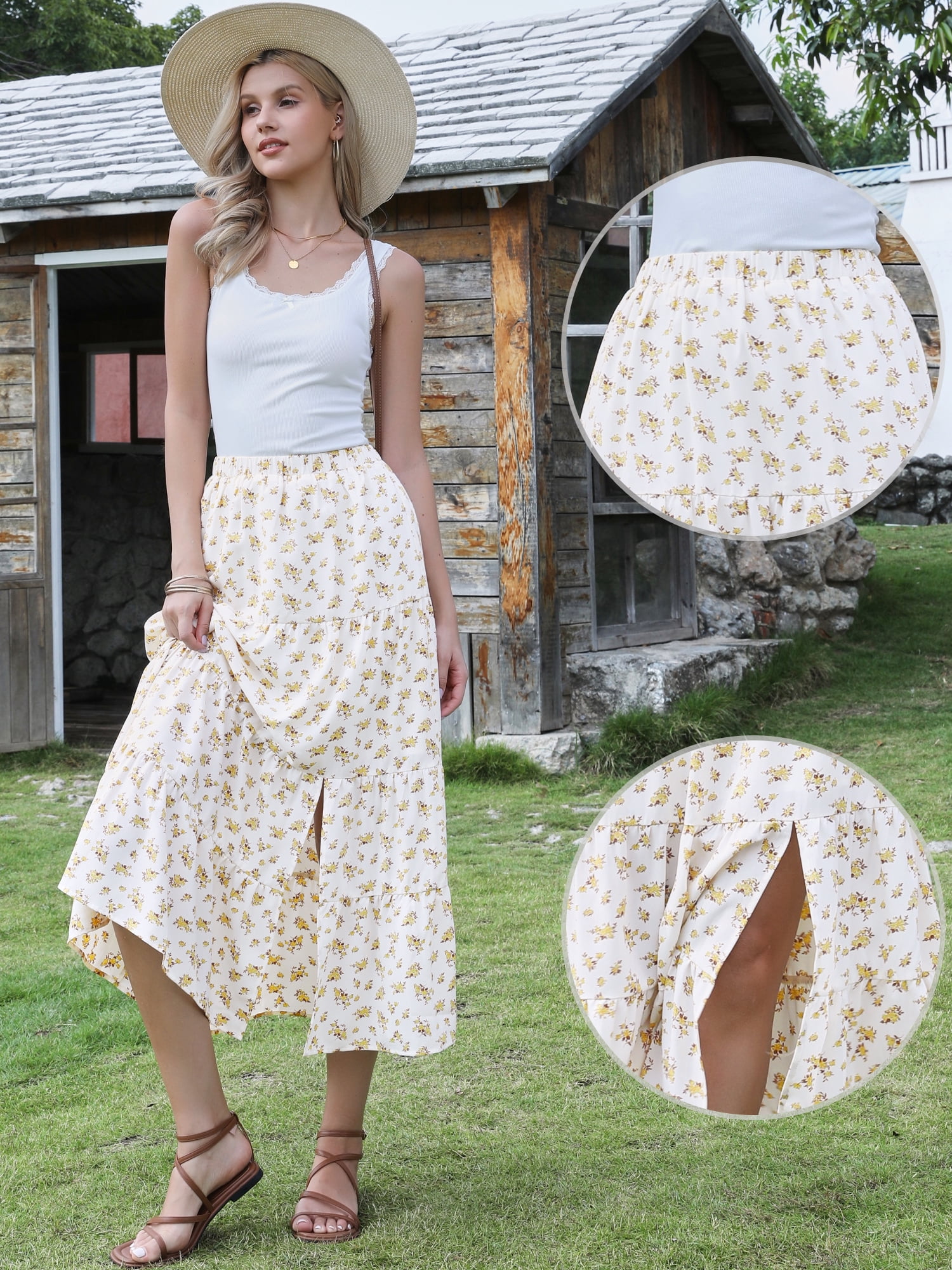 DARING DIVA Women's Floral Maxi Skirt Elastic High Waist A Line Skirts Medium Beige
