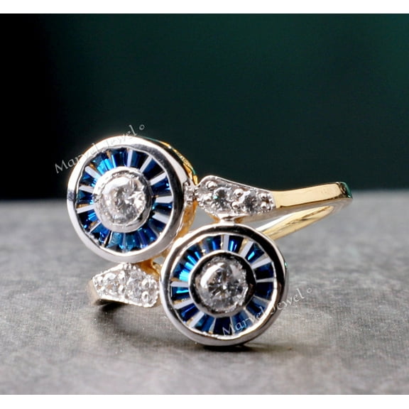 Toi Et Moi Diamond Ring, Bypass Diamond Engagement Ring, Bezel Set Ring, Baguette Halo Ring, 14K Yellow Gold Plated, 1.8 Ct Simulated Diamond, Two Tone Metal Ring, Promise Ring For Women