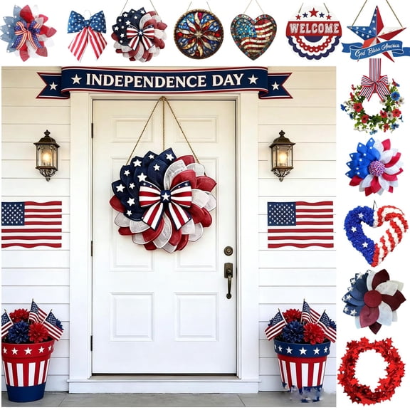 Beautynvta 4th of July Hanging Door Sign, 2D Wooden Wreath Ornaments, 11.8'' American Flag Patriotic Door Hanger for Wall Front Porch Memorial Day Decor