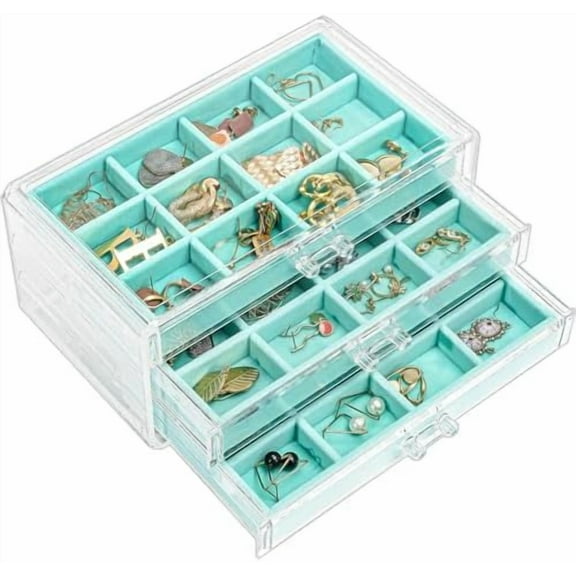 Earring Holder Organizer Jewelry Box with 3 Drawers, Acrylic Clear Earring Case with Adjustable Velvet Trays for Women - Aqua, 3 Layers