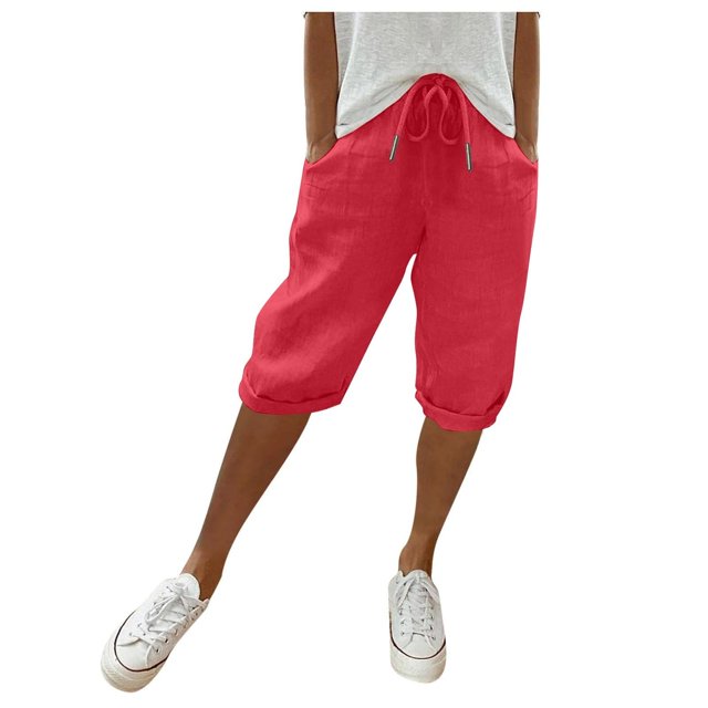 Pants for Women, Trendy Knee Length Drawstring Elastic Waist Summer Gym with Pockets