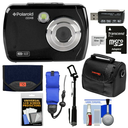 Polaroid iS048 Waterproof Digital Camera (Black) with 32GB Card + Case + Selfie Stick + Float Strap + Cleaning