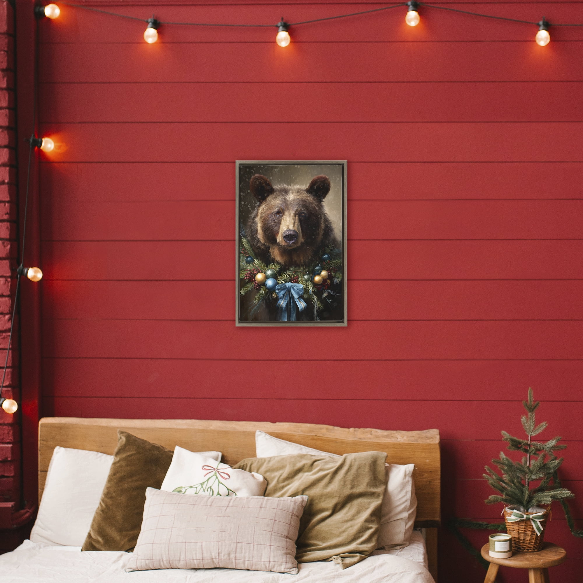 Stupell Industries Christmas Grizzly with Wreath Brown Framed Floater Canvas Wall Art, design by Tina LeCour