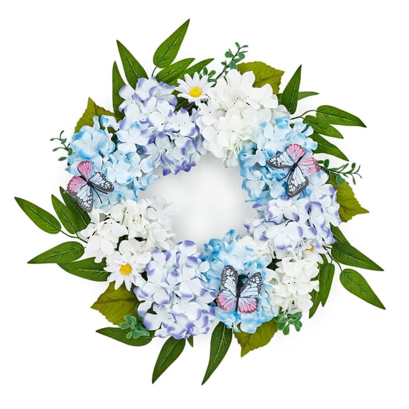 20" Spring Summer Wreaths for Front Door, Artificial Blue White Hydrangeas Floral Wreath with Butterfly Daisy for Easter Wedding Farmhouse Porch Wall Decor