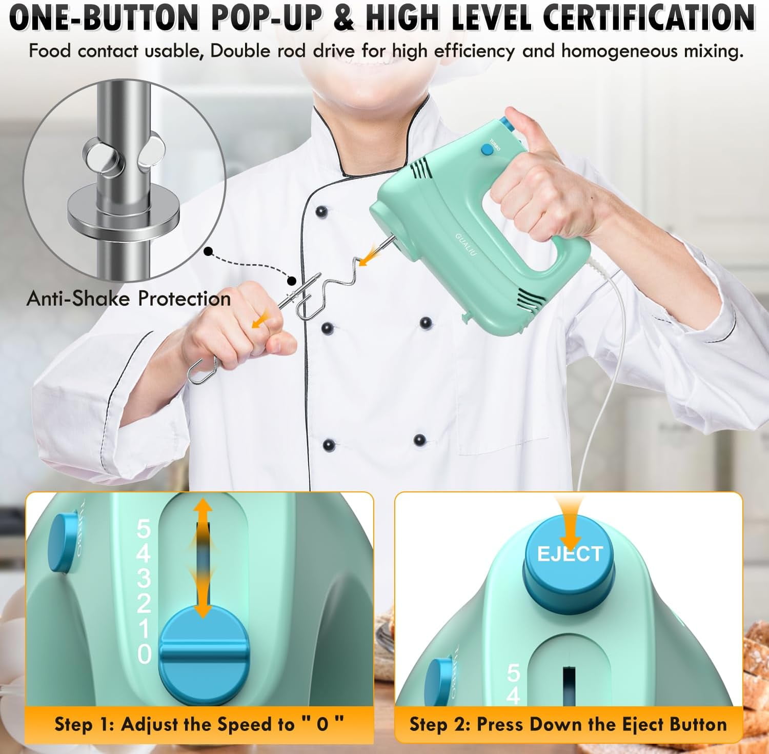 CozyNestFinds Electric Hand Mixer with Stainless Steel Whisk,Dough Hook Attachment and Storage Bag, Handheld Mixer for Baking Cakes,Eggs,Cream Food Mixers. Turbo Boost /5 Speed Kitchen Blender GREEN