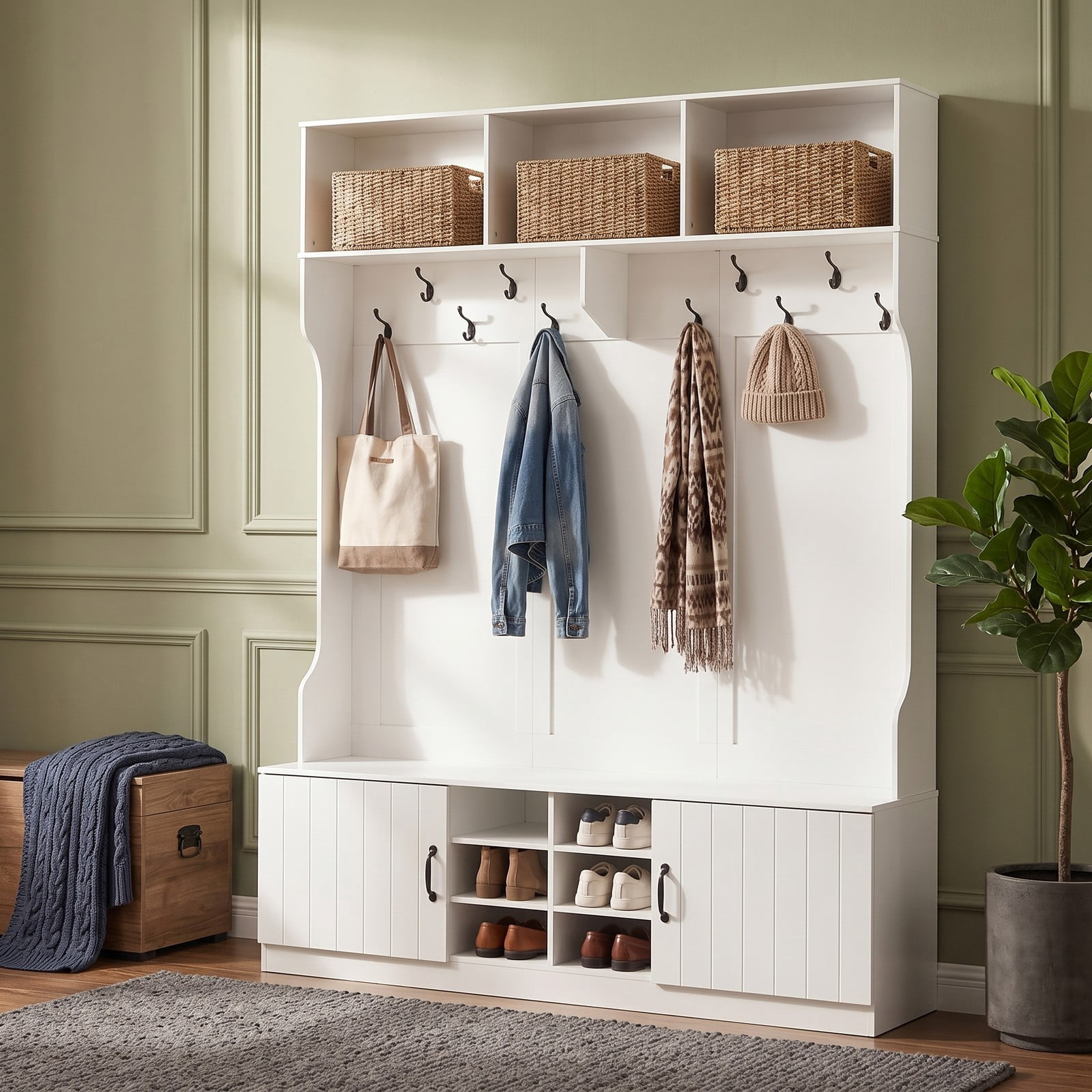 Furnibear 59 Inch Wide 6 in 1 Hall Tree with Bench Multiple Hooks and Shoe Cubby Storage for Mudroom Hallway and Bedroom, White