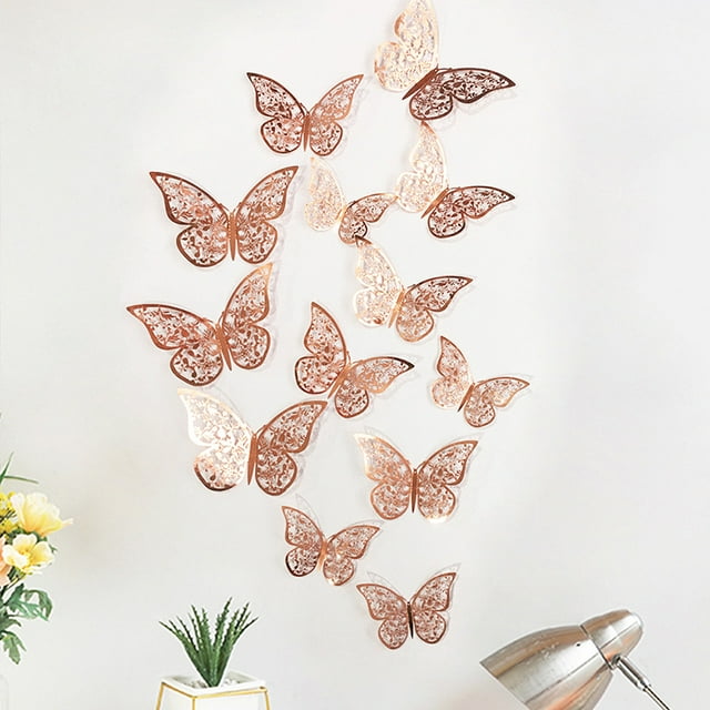 3D Butterfly Wall Stickers, 12 Pcs 12 Styles 3 Sizes, Removable Metallic Wall Sticker Room Mural Decals Decoration for Kids Bedroom Nursery Classroom Party Wedding Decor DIY Gift