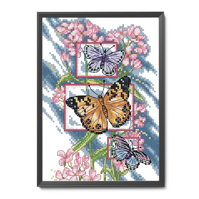Cuadros Decorativos Estampado punto de cruz mariposas planta 2 hilos 14CT juego de bordado (DA050) Likrtyny embutido en tela