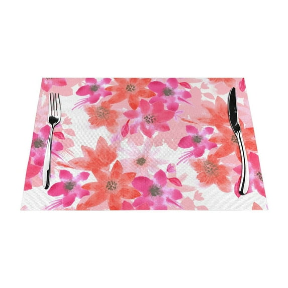 YFYANG Washable Heat-Resistant Placemats, 70% PVC/30% Polyester, Red Watercolor Flower Pattern Kitchen Table Mat, 12" x 18" 6 Pcs