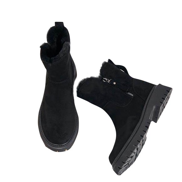 Xfvqtps Ankle Boots for Women Suede Surface Plush Lining Low Wedge Heel Round Toe Chunky Bottom Zipper Outside Large Size Thickened Comfortable Fashion Resistant Warm Winter Snow Boots Black
